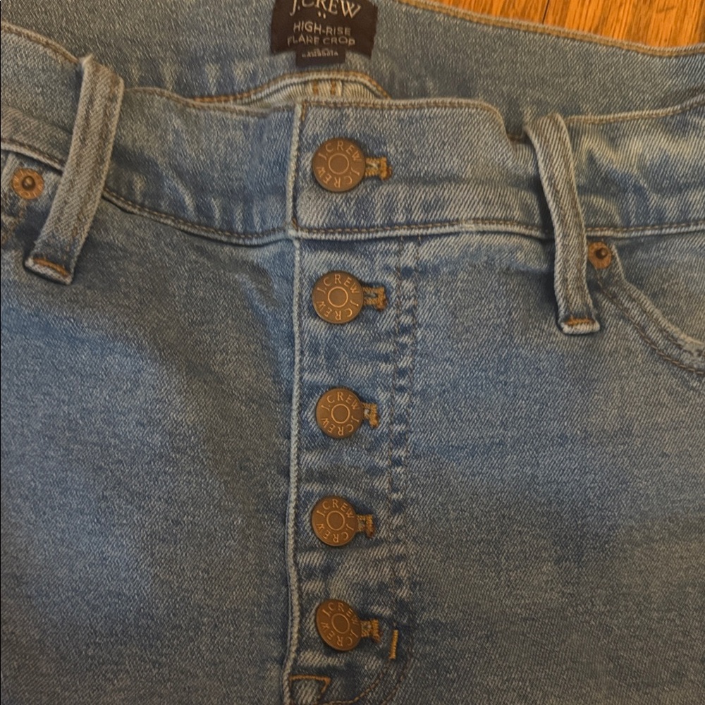 J. Crew High Rise Flare Button Fly Crop Jeans Light Blue Denim SIZE 33/14-16 EUC